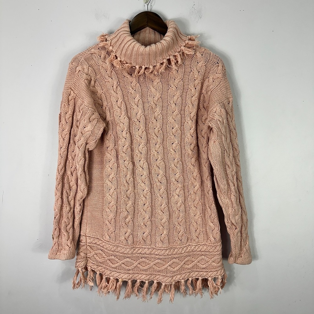 Yarnworks Sweater Women M Pink Cable Knit Fringe Turtleneck Boho Cottage Vtg 90s